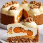 A slice of Carrot Cake Cheesecake on a white plate, showing a carrot cake base, creamy cheesecake with whole candied carrots, frosting, and walnuts.