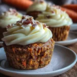 Close-up of homemade Carrot Cake Cupcakes with Cream Cheese Frosting topped with nuts, with more cupcakes and carrots blurred in the background.