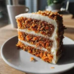 A close-up shot of a delicious slice of layered carrot cake with creamy white frosting, perfect for a homemade carrot cake recipe.