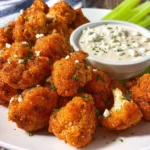 A plate filled with crispy, golden-brown cauliflower wings, topped with blue cheese crumbles and parsley, served with a side of blue cheese dressing and celery sticks.
