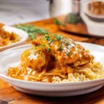 Classic chicken paprikash with rich, creamy sauce, fresh herbs, served over egg noodles on a wooden board.