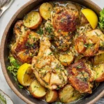 A rustic bowl of golden-brown chicken vesuvio pieces and roasted potatoes with fresh herbs and lemon wedges in a savory sauce.