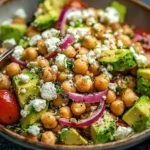 A close-up shot of a vibrant Chickpea Feta Avocado Salad in a bowl, featuring chickpeas, avocado chunks, crumbled feta, red onion, and cherry tomatoes, seasoned with herbs.