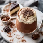 A rich Chocolate Cheesecake Smoothie topped with whipped cream and chocolate shavings, alongside a slice of chocolate cheesecake, on a marble board.