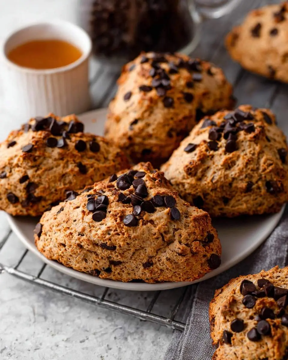 A plate of freshly baked Chocolate Chip Coffee Scones, rich with chocolate chips, sits on a cooling rack beside a mug of coffee.
