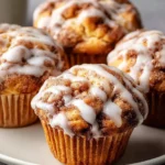 Delicious Cinnamon Roll Muffins topped with cinnamon streusel and sweet white icing, presented on a white plate.
