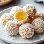 A close-up shows a white plate piled with delicious coconut mango bliss balls, one cut open to reveal the vibrant yellow mango interior.