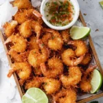 A rustic wooden tray filled to the brim with crispy, golden Coconut Shrimp, served with lime wedges and a vibrant Lime Chili Dip.