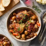 Overhead view of a hearty bowl of coq au vin, featuring braised chicken thighs, mushrooms, carrots, and pearl onions, served with baguette and mashed potatoes on a marble table.