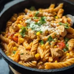 A close-up of creamy Corn Pasta with Chicken, mixed with bright corn, tomatoes, and herbs, served in a black skillet.
