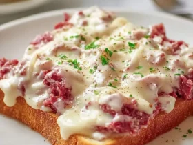 Delicious Creamed Chipped Beef on Toast, smothered in a creamy white sauce and melted cheese, garnished with fresh parsley.
