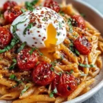 Creamy burrata tomato pasta with penne, roasted cherry tomatoes, a poached egg with a runny yolk, chili flakes, and fresh herbs.