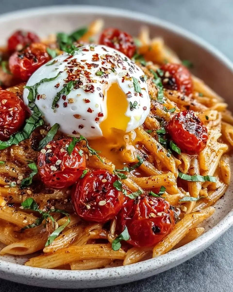 Creamy Burrata Tomato Pasta 29 Creamy burrata tomato pasta with penne, roasted cherry tomatoes, a poached egg with a runny yolk, chili flakes, and fresh herbs.