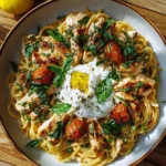 A visually appealing bowl of creamy chicken burrata pasta with roasted tomatoes, basil, and a creamy yellow-centered dollop.