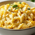 A close-up shot of a steaming bowl of delicious Creamy Corn Pasta, generously garnished with fresh basil and black pepper.