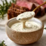 A golden spoon lifts a rich portion of creamy horseradish sauce from a rustic stoneware bowl, with blurred sliced steak in the background.