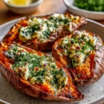 Three beautifully baked Creamy Ricotta & Spinach Stuffed Sweet Potatoes on a white plate, garnished with fresh herbs.