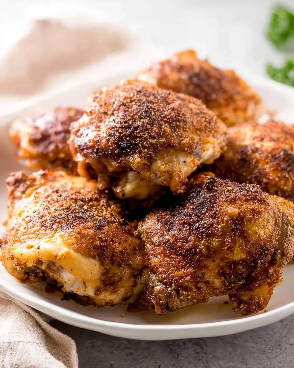 Crispy Baked Chicken Thighs 28 A close-up shot of several perfectly cooked, golden-brown Crispy Baked Chicken Thighs seasoned with spices on a white plate.
