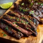 Close-up of tender, sliced Crockpot Skirt Steak garnished with fresh herbs and a lime wedge on a wooden cutting board.