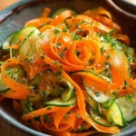 A vibrant Cucumber Carrot Salad featuring artfully ribboned carrots and crisp cucumber slices, garnished with fresh herbs and sesame seeds in a rustic bowl.