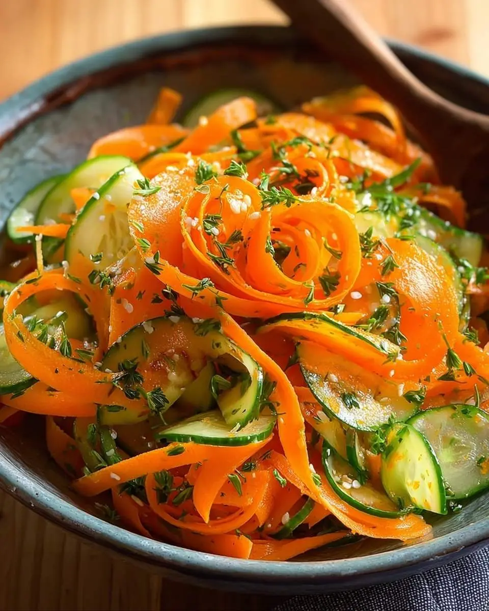Cucumber Carrot Salad 29 A vibrant Cucumber Carrot Salad featuring artfully ribboned carrots and crisp cucumber slices, garnished with fresh herbs and sesame seeds in a rustic bowl.