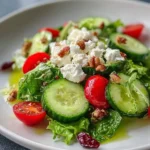 A vibrant Cucumber Goat Cheese Salad featuring fresh green lettuce, crisp cucumber slices, bright red cherry tomatoes, crumbled goat cheese, chopped walnuts, and dried cranberries, drizzled with oil.