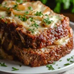 A hearty slice of French Onion Meatloaf layered with gooey cheese, caramelized onions, and fresh parsley on a white plate.