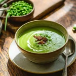 A vibrant green bowl of fresh pea soup, garnished with crispy bacon, a cream swirl, and whole peas on a wooden table.