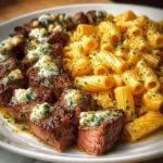 A close-up of a white plate showcasing delicious Garlic Butter Steak Bites with Cheesy Mozzarella Rigaton, garnished with fresh herbs.