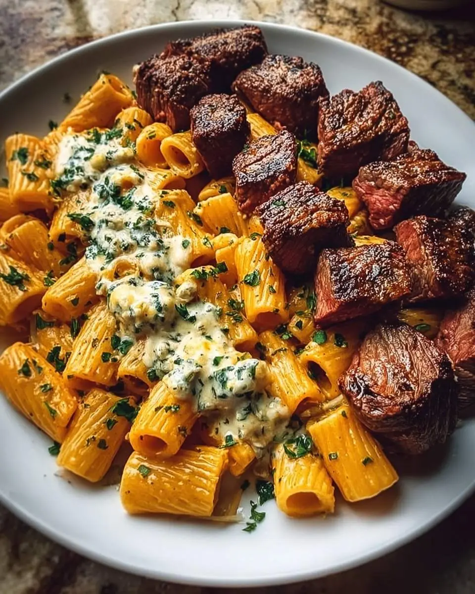 garlic butter steak bites with cheesy mozzarella rigaton recipe 1
