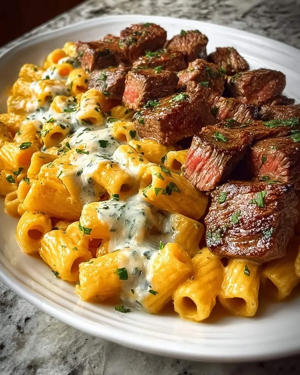 garlic butter steak bites with cheesy mozzarella rigaton recipe