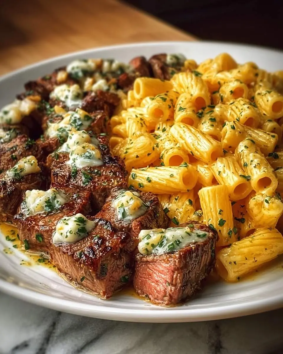 garlic butter steak bites with cheesy mozzarella rigaton