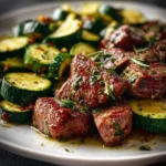 Close-up of a delicious plate of golden-brown Garlic Butter Steak & Zucchini, garnished with fresh herbs.