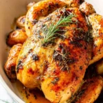 A golden-brown Garlic Herb Roast Chicken, garnished with fresh rosemary and thyme, sits in a white dish surrounded by roasted potatoes.