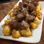 A close-up shot of a white rectangular platter piled high with savory Garlic Steak Bites and Potatoes, perfectly golden and seasoned.