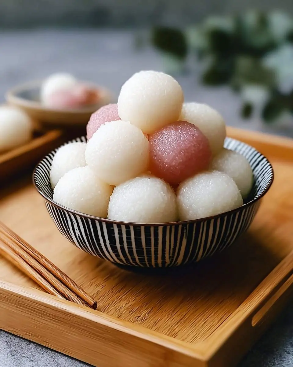 Glutinous Rice Balls 29 A striped bowl brimming with white and pink glutinous rice balls, presented on a wooden tray alongside chopsticks.