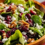 A close-up shot of a vibrant Goat Cheese Cranberry Walnut Salad served in a wooden bowl, featuring fresh greens, crumbled goat cheese, dried cranberries, and walnuts.