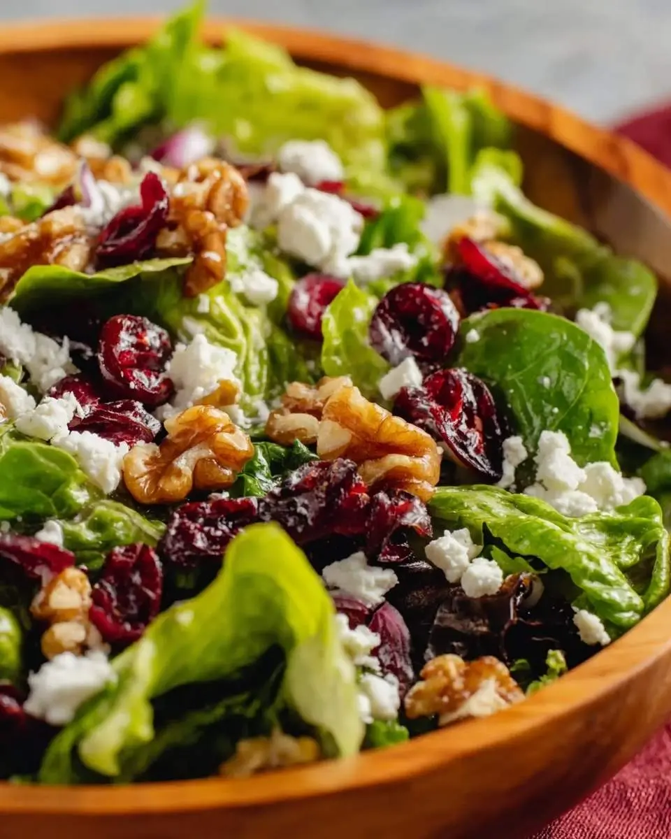 Goat Cheese Cranberry Walnut Salad 29 A close-up shot of a vibrant Goat Cheese Cranberry Walnut Salad served in a wooden bowl, featuring fresh greens, crumbled goat cheese, dried cranberries, and walnuts.