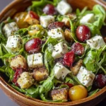 A colorful goat cheese salad with arugula, red grapes, yellow tomatoes, croutons, and balsamic drizzle in a wooden bowl.