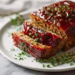 A perfectly glazed and sliced Gordon Ramsay Meatloaf garnished with fresh thyme on a white plate, ready to serve.