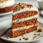 A delicious slice of Gordon Ramsays Carrot Cake, with moist layers, cream cheese frosting, and chopped walnuts, on a white plate.