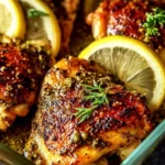 Close-up of golden-brown Greek Chicken Thighs in the Oven, garnished with fresh rosemary, lemon slices, and a delicious sauce.