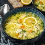 A close-up of a bowl of bright yellow Greek Lemon Chicken Soup, garnished with fresh dill and a lemon slice, with bread in the background.