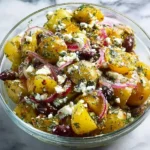 A glass bowl showcases a delicious Greek potato salad with yellow potatoes, red onion, black olives, crumbled feta, and fresh dill.