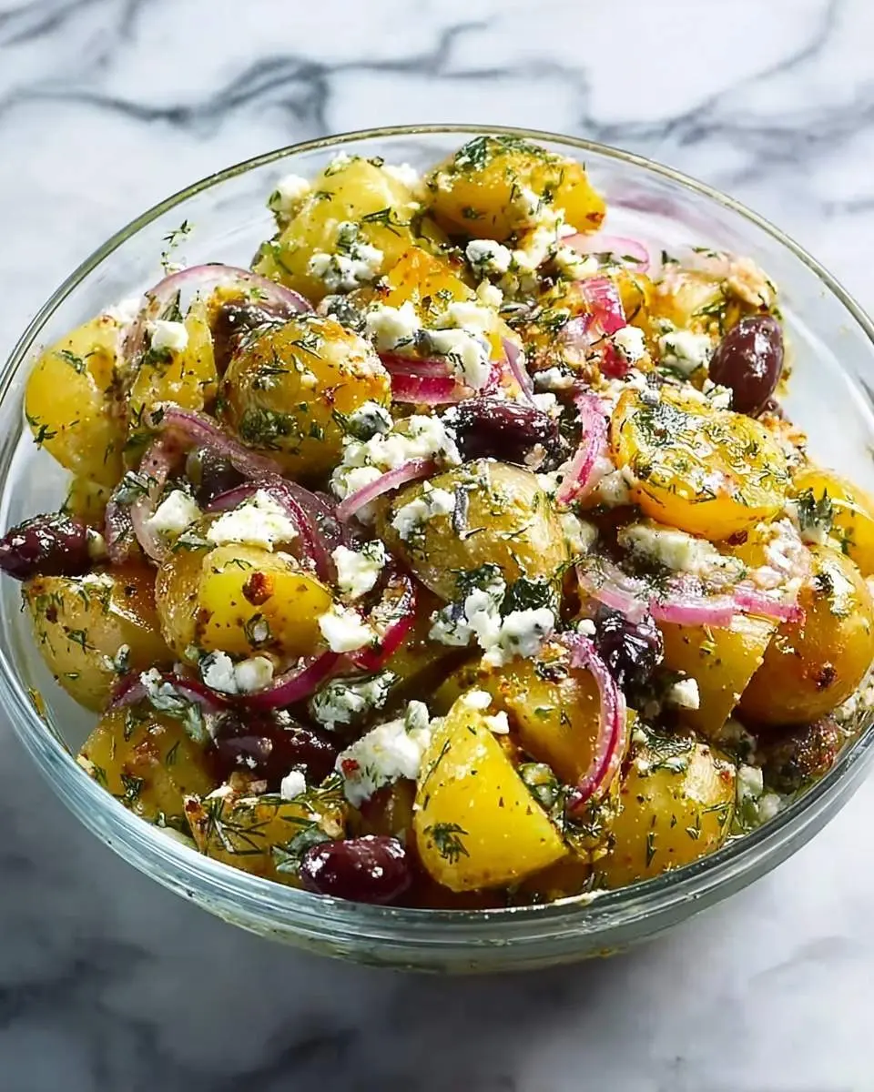 Greek potato salad 28 A glass bowl showcases a delicious Greek potato salad with yellow potatoes, red onion, black olives, crumbled feta, and fresh dill.