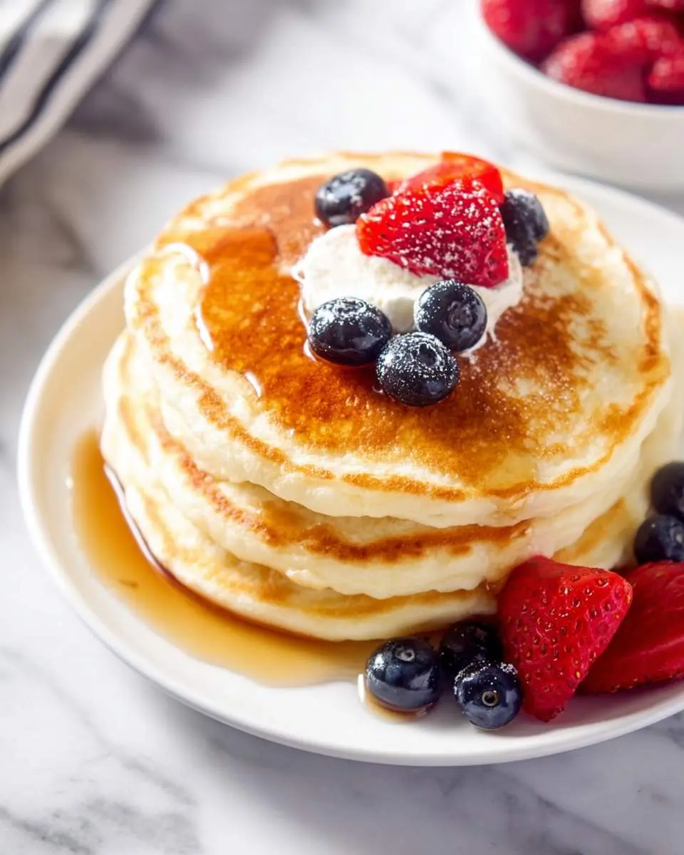 greek yogurt pancakes 29 A tempting stack of fluffy greek yogurt pancakes drizzled with maple syrup, topped with fresh strawberries, blueberries, and whipped cream.