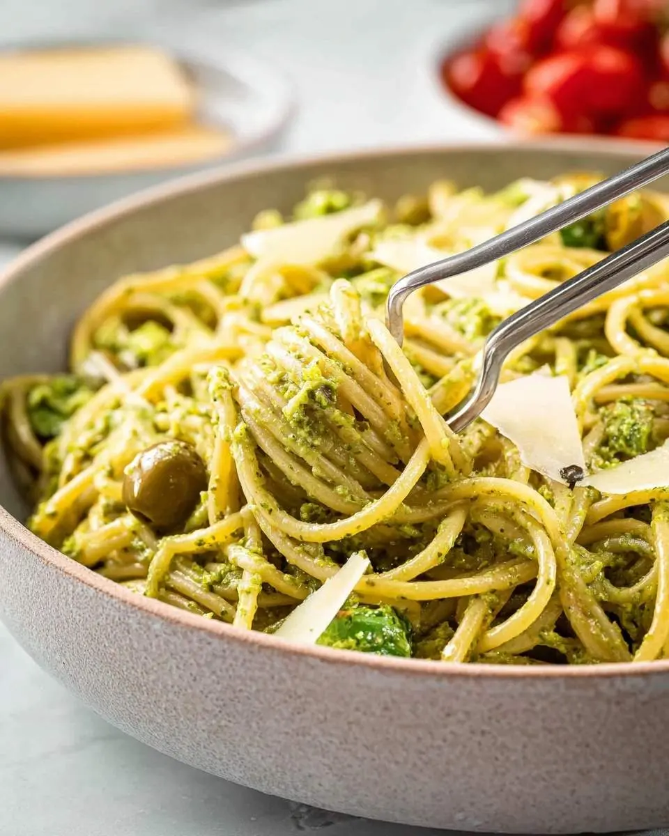 Green Olive Pasta Sauce 25 Close-up of spaghetti tossed in a vibrant green olive pasta sauce, garnished with parmesan and olives, being served with metal tongs.