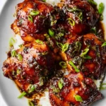 Close-up of Honey Garlic Chicken Thighs on white rice, garnished with green onions and a rich, shiny glaze, ready to serve.