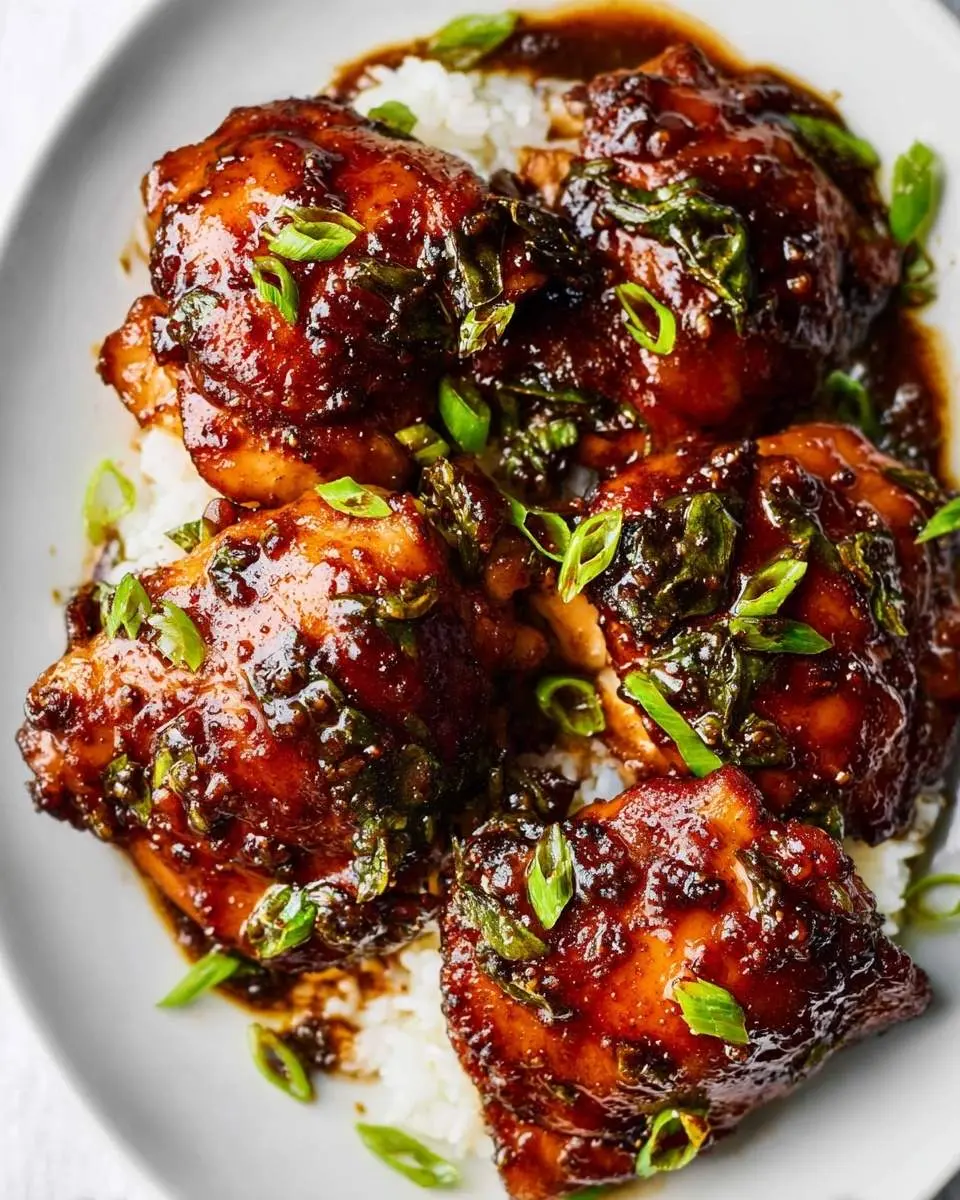 Honey Garlic Chicken Thighs 28 Close-up of Honey Garlic Chicken Thighs on white rice, garnished with green onions and a rich, shiny glaze, ready to serve.