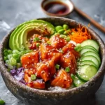 A vibrant close-up of a Honey Sriracha Salmon Bowl featuring glazed salmon cubes, avocado slices, cucumber, edamame, shredded carrots, and green onions.